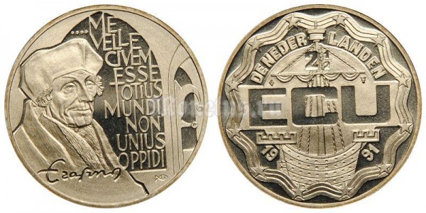 монета Нидерланды 2 1/2 экю 1991 год Эразм Роттердамский
