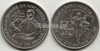 монета Португалия  200 эскудо 1997 год Великие географические открытия - Хосе Анчиета, апостол Бразилии