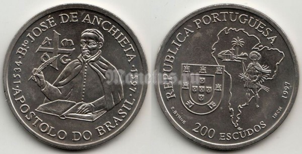 монета Португалия  200 эскудо 1997 год Великие географические открытия - Хосе Анчиета, апостол Бразилии