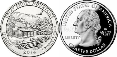 монета США 25 центов 2014 год штат Теннесси Национальный парк Грейт-Смоки-Маунтинс, 21-й