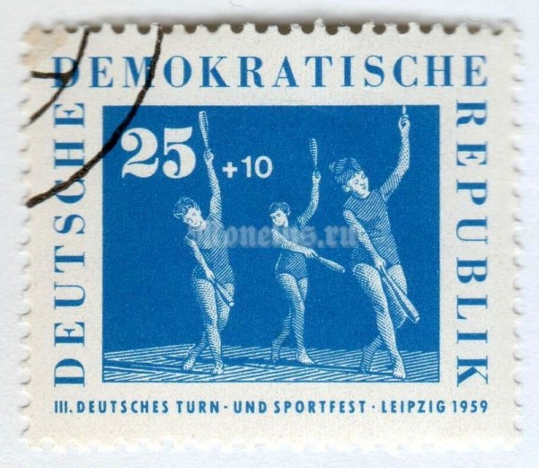 марка ГДР 25+10 пфенниг "Gymnastics with the clubs" 1959 год Гашение
