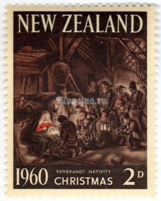 марка Новая Зеландия 2 пенни ""Adoration of Shepherds" painting by Rembrandt" 1960 год