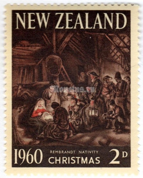 марка Новая Зеландия 2 пенни ""Adoration of Shepherds" painting by Rembrandt" 1960 год