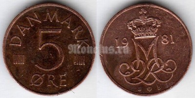 Монета Дания 5 эре 1981 год