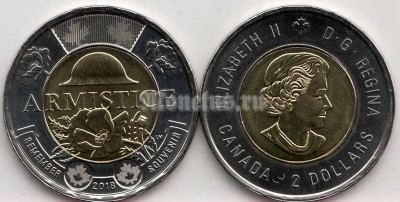 монета Канада 2 доллара 2018 год - 100 лет со дня окончания Первой Мировой войны