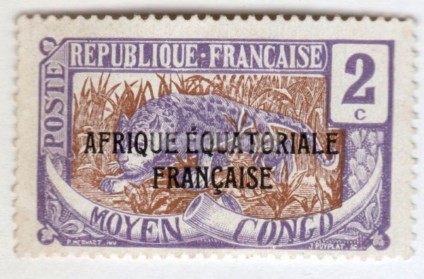 марка Французское Конго 2 сантима "Leopard (Panthera pardus)" 1924 год
