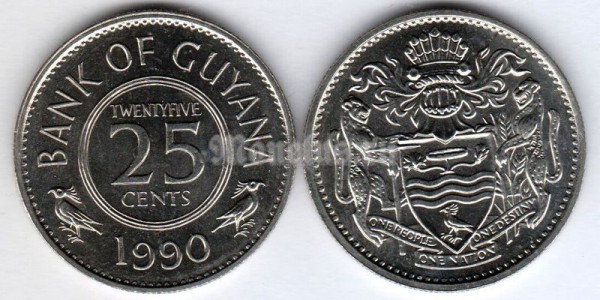 монета Гайана 25 центов 1990 год