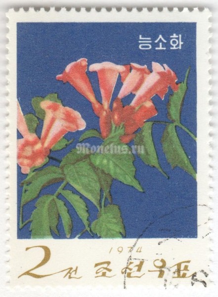 марка Северная Корея 2 чона "Chinese trumpet vine" 1974 год Гашение