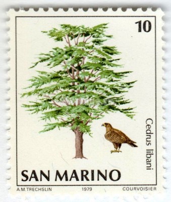 марка Сан-Марино 10 лир "Golden Eagle (Aquila chrysaetos), Lebanon Cedar (Cedrus liba" 1979 год