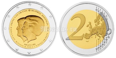 монета Нидерланды 2 евро 2013 год Королева Беатрикс и принц Виллем-Александр