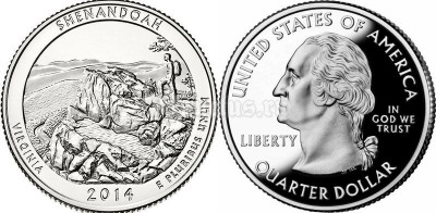 монета США 25 центов 2014 год штат Виргиния Национальный парк Шенандоа, 22-й