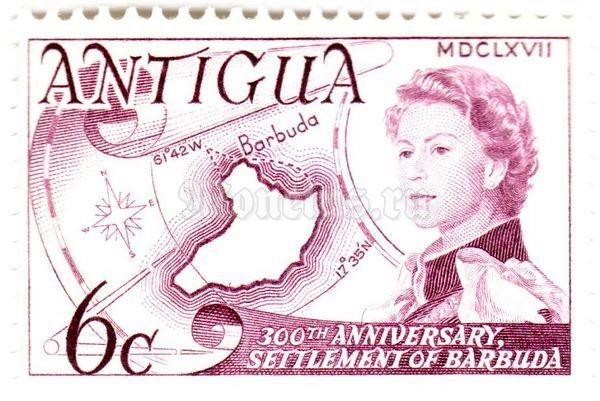 марка Антигуа 6 центов "Resettlement of Barbuda, 300th anniv." 1967 год