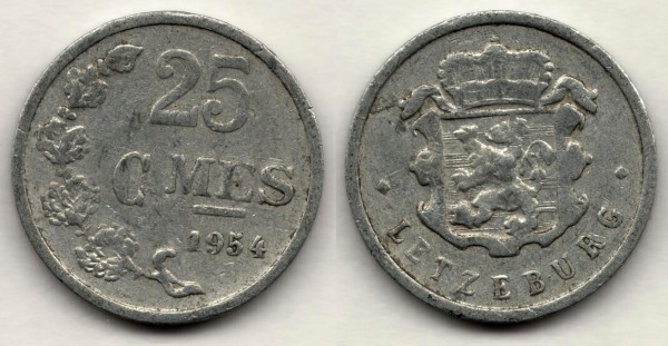 монета Люксембург 25 сантимов 1954 год