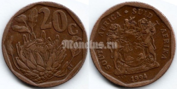 монета Южная Африка 20 центов 1994 год