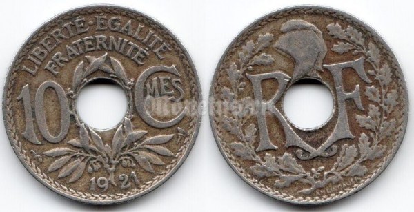 монета Франция 10 сантимов 1921 год