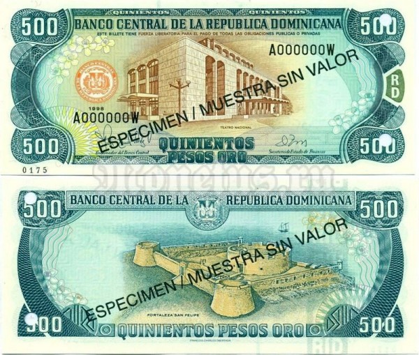 Банкнота-образец Доминикана 500 песо 1998 год