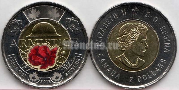 монета Канада 2 доллара 2018 год - 100 лет со дня окончания Первой Мировой войны, цветная