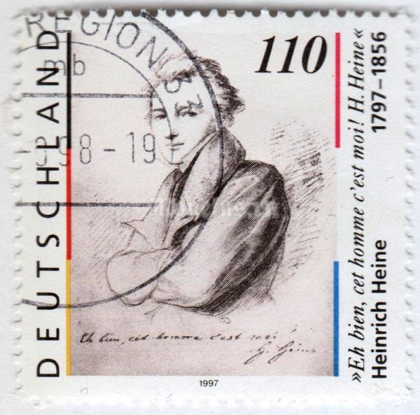 марка ФРГ 110 пфенниг "Heinrich Heine (1797-1856), poet and publicist" 1997 год Гашение