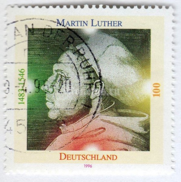 марка ФРГ 100 пфенниг "Martin Luther (1483-1546)" 1996 год Гашение