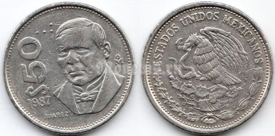монета Мексика 50 песо 1987 год - Пабло Хуарес