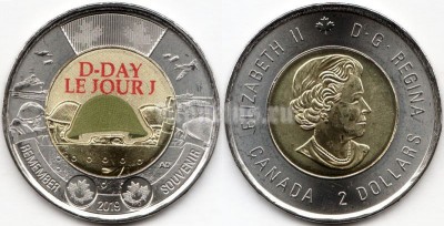 монета Канада 2 доллара 2019 год - 75 лет высадке союзников в Нормандии (D-Day)