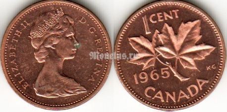 Монета Канада 1 цент 1965 год