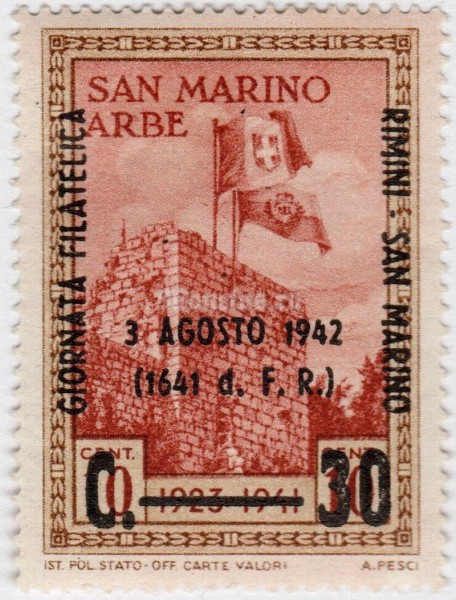 марка Сан-Марино 30 сентисимо "Philatelic day Rimini San Marino" 1942 год