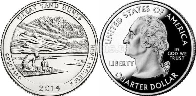 монета США 25 центов 2014 год штат Колорадо Национальный парк Грейт-Санд-Дьюнс, 24-й