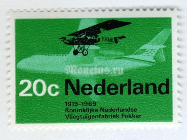марка Нидерланды 20 центов "Fokker F-2 & Fokker F-28 "Fellowship"" 1968 год