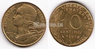 монета Франция 10 сантимов 1997 год
