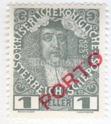 марка Австрия 1 геллер "Emperor Charles VI (1711-40)" 1916 год