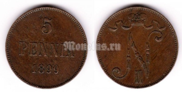 Монета Русская Финляндия 5 пенни 1899 год