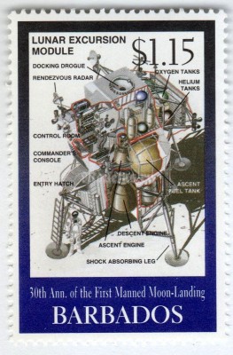 марка Барбадос 1,15 центов "30th anniv of 1st Manned Moon Landing" 1999 год