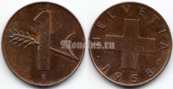 монета Швейцария 1 раппен 1958 год