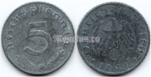 монета Германия 5 рейхспфеннигов 1941 год B