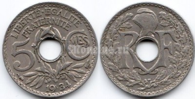 монета Франция 5 сантимов 1934 год