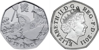 монета Великобритания 50 пенсов 2011 год Летние Олимпийские игры в Лондоне 2012 год - гребля на байдарках и каноэ