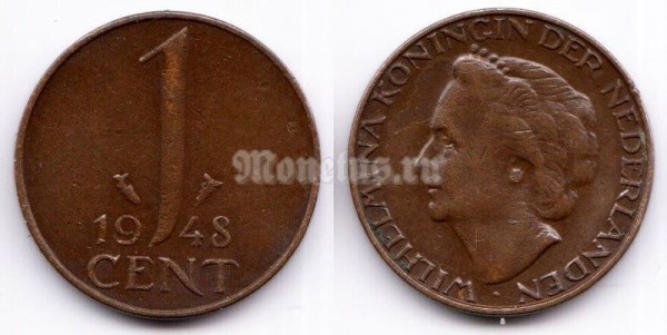 монета Нидерланды 1 цент 1948 год