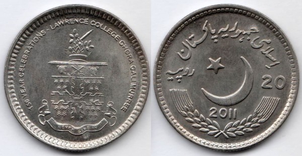 монета Пакистан 20 рупий 2011 год - 150 лет колледжу Лоуренса