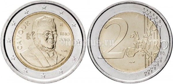 монета Италия 2 евро 2010 год - Граф Камилло ди Кавур, 200 лет со дня рождения