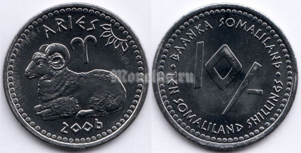 монета Сомалиленд 10 шиллингов 2006 год серия Знаки зодиака - овен