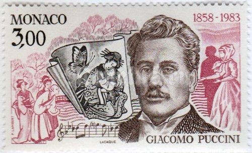 марка Монако 3,00 франка "Giacomo Puccini (1858-1924), italian composer" 1983 год