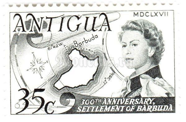 марка Антигуа 35 центов "Resettlement of Barbuda, 300th anniv." 1967 год