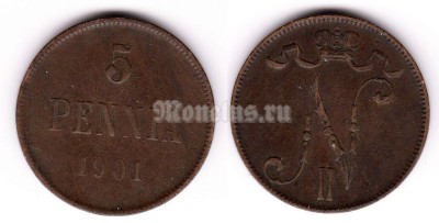Монета Русская Финляндия 5 пенни 1901 год