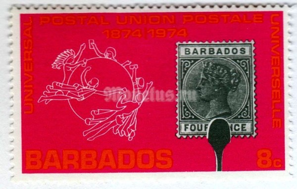 марка Барбадос 8 центов "Cent. of the UPU" 1974 год