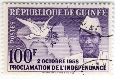 марка Гвинея 100 франков "Dove, Olive Branch, map, President Sékou Touré (1922-1984)" 1959 год Гашение