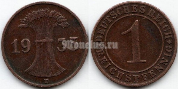 монета Германия 1 рейхспфенниг 1935 год D