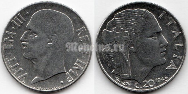 Монета Италия 20 чентезимо 1943 год