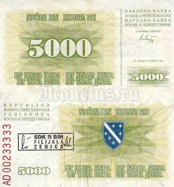 банкнота Босния и Герцеговина 5000 динар 1993 год