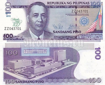 Банкнота Филиппины 100 песо 2012 год - 100 лет отелю Manila